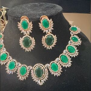 Pakistani Indian Desi Emerald Green AD Statement Necklace & Earring Set